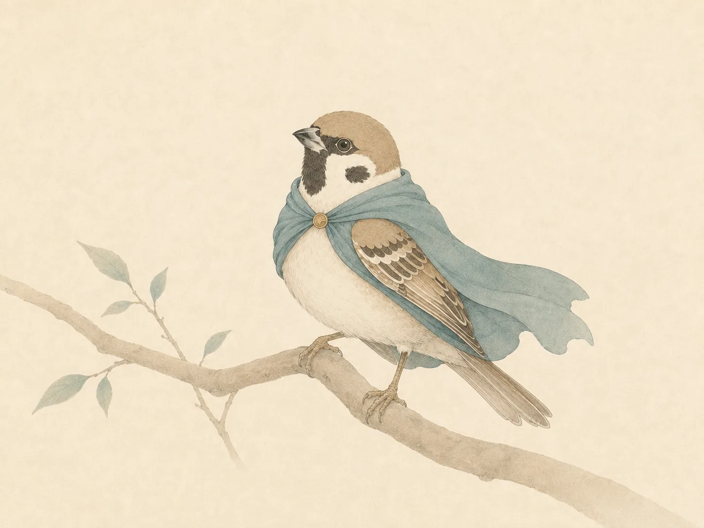 A sparrow wearing a teal cape while perched on a branch