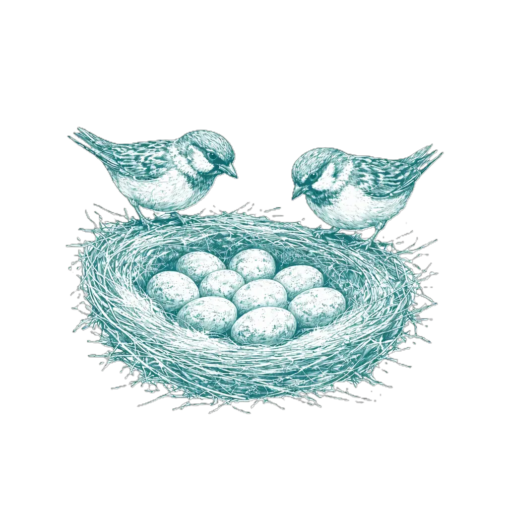 Two birds tending a nest of eggs