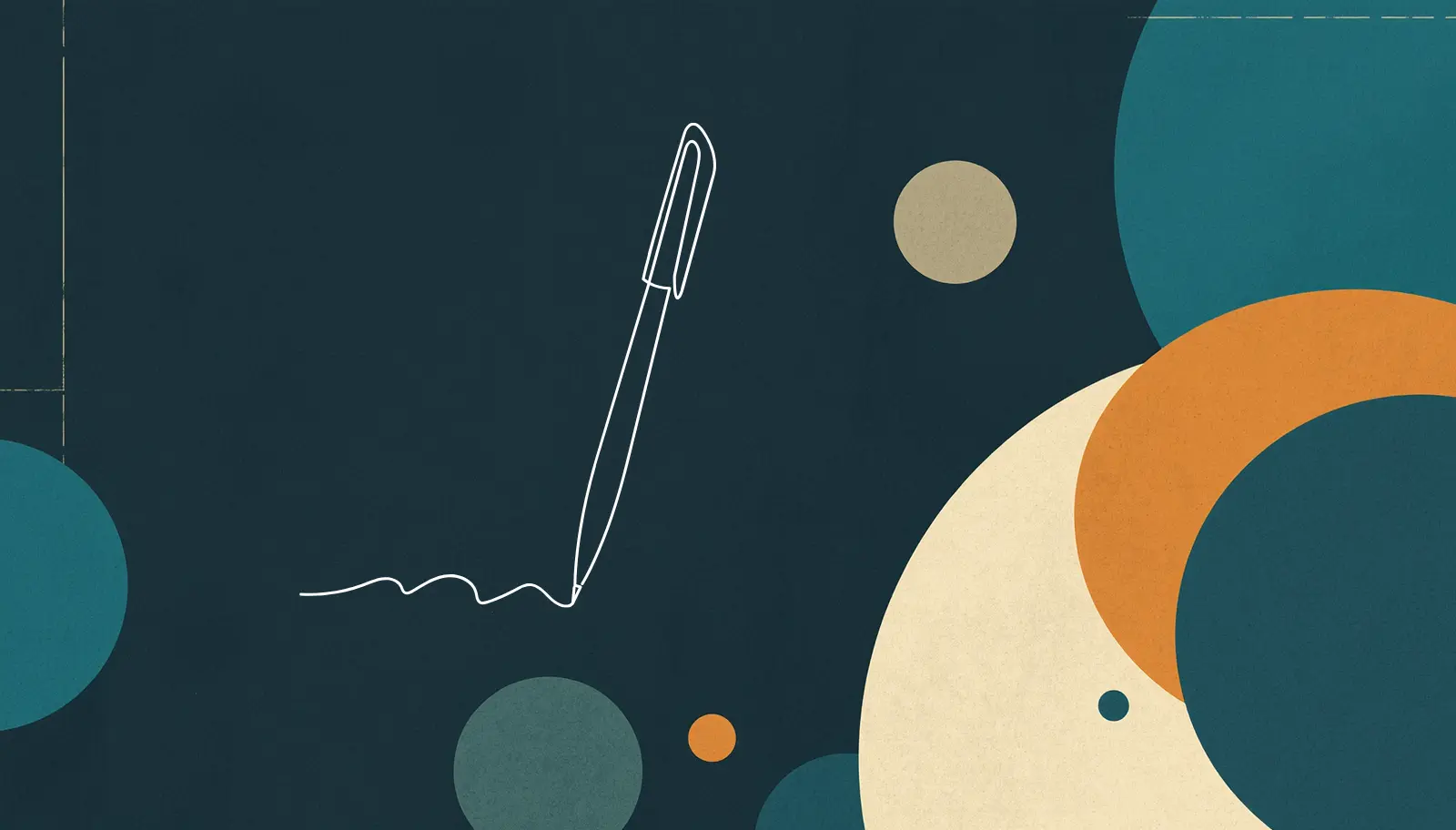 An abstract illustration of a pen writing among colorful geometric shapes